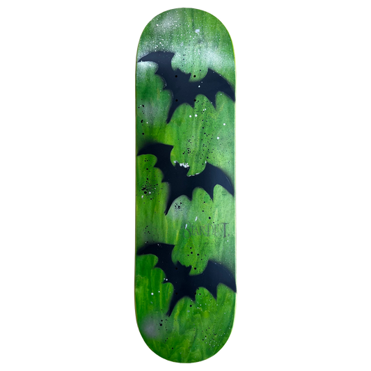 Stardust Tri-Bat Wanderlust Splatter Deck 048 9.0" Green Veneer / Matte Black Bats / Black & Metallic Silver Splatter / Sheer Purple Shimmer