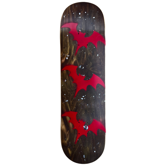 Stardust Tri-Bat Wanderlust Splatter Deck 048 8.75" Brown Veneer / Bright Red Bats / Black & Metallic Silver Splatter / Sheer Purple Shimmer