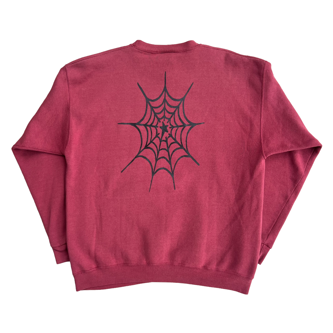 Stardust Skate Shop Cramps Text / Spider Web Vintage Mickey, Inc Pullover Crewneck Sweatshirt 044 & 042 Heather Red / Black