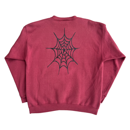 Stardust Skate Shop Cramps Text / Spider Web Vintage Mickey, Inc Pullover Crewneck Sweatshirt 044 & 042 Heather Red / Black