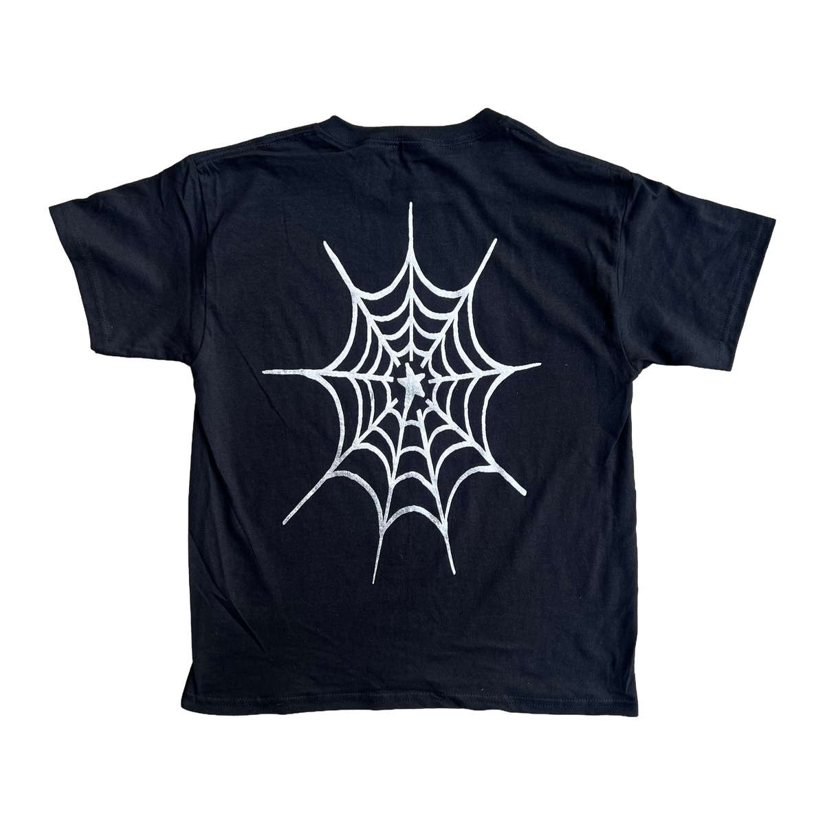 Stardust Skate Shop Cramps Text & Spider Web Youth Tee 044 & 042 Black / Metallic Silver