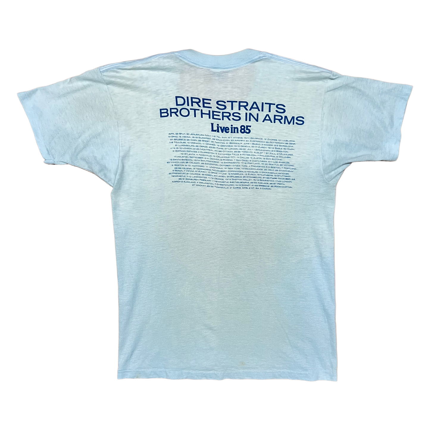 Vintage 1985 Dire Straits Brothers In Arms Tour Tee - Small - Baby Blue