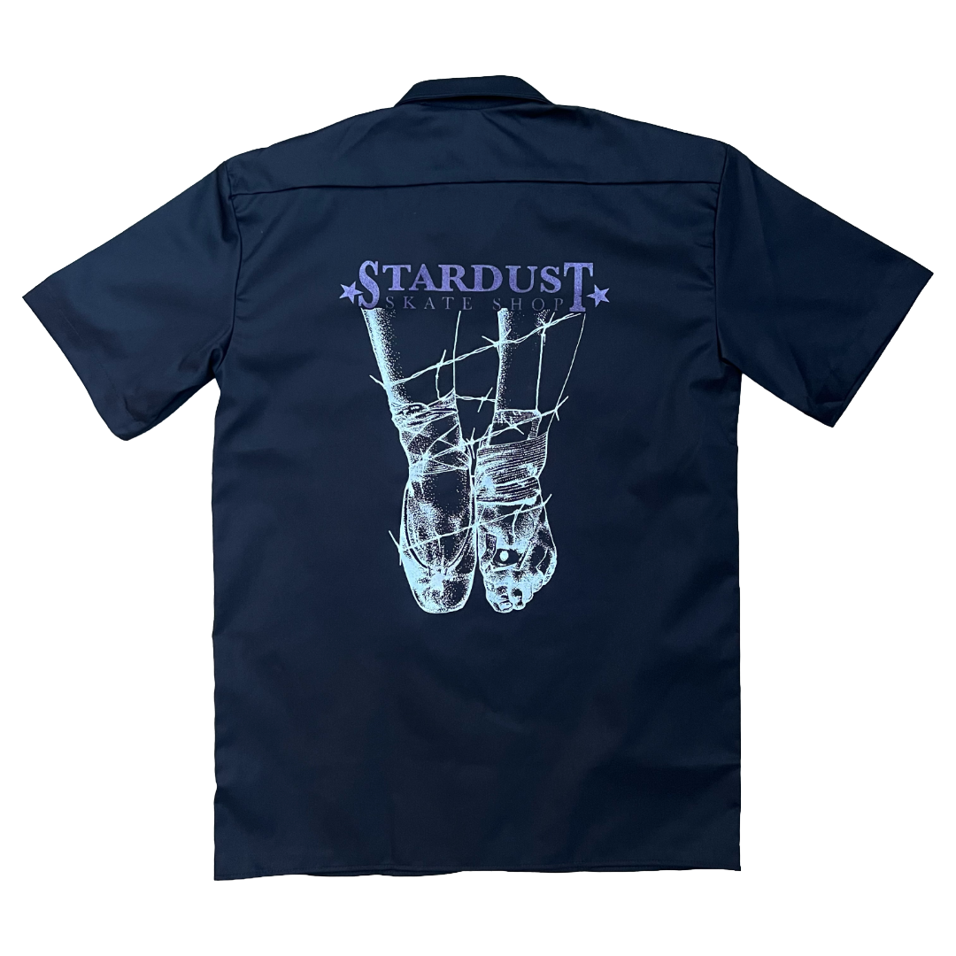 Stardust Skate Shop Ballerina Dickies Screenprinted Short Sleeve Work Shirt 034 Black / Purple Shimmer / Metallic Silver