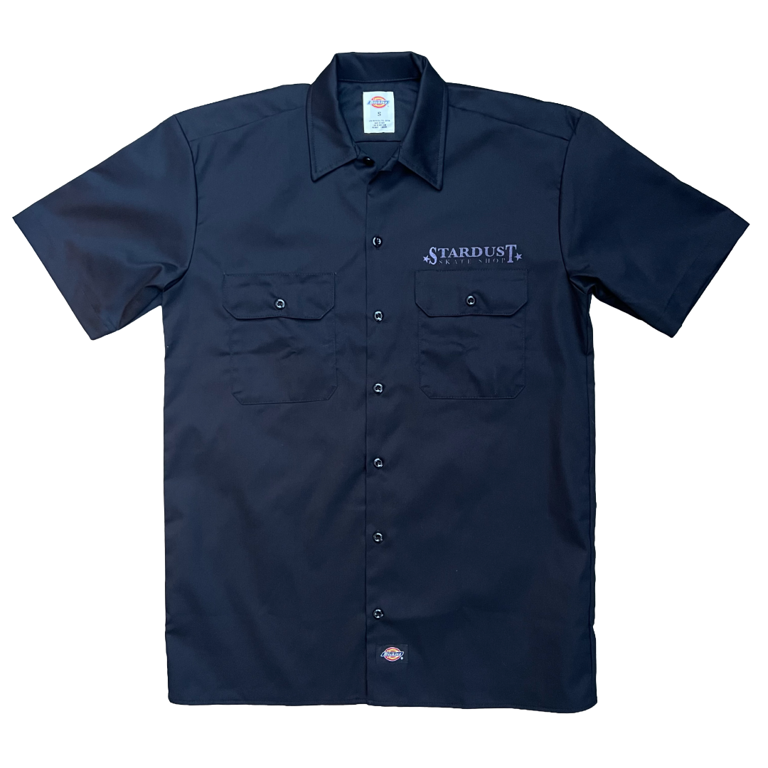 Stardust Skate Shop Ballerina Dickies Screenprinted Short Sleeve Work Shirt 034 Black / Purple Shimmer / Metallic Silver