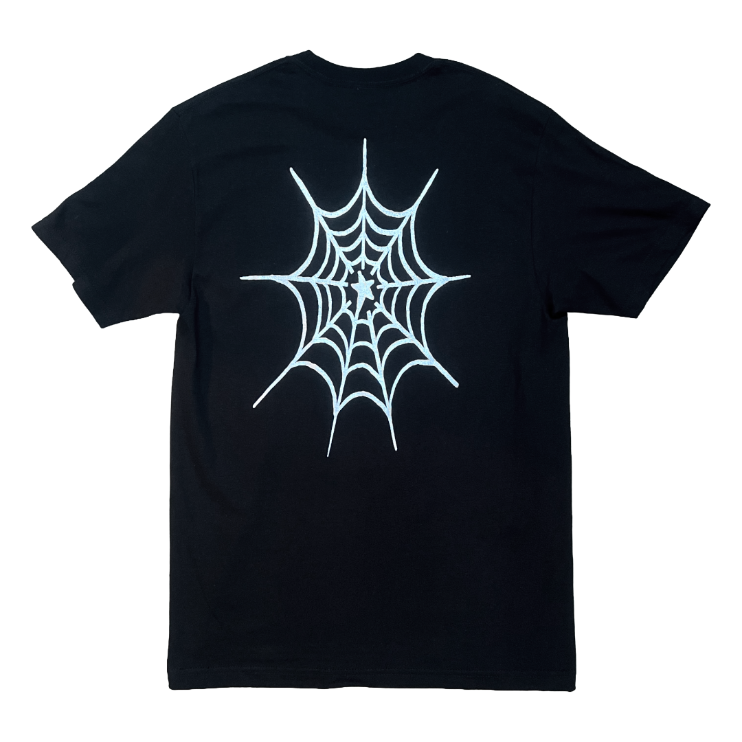 Stardust Skate Shop Cramps Text / Spider Web Short Sleeve Hammer Tee 044 & 042 Black / Metallic Silver