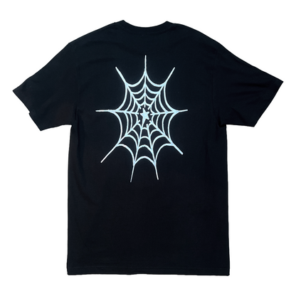 Stardust Skate Shop Cramps Text / Spider Web Short Sleeve Hammer Tee 044 & 042 Black / Metallic Silver