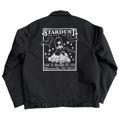 Stardust Devil Man Text Patch / Goth Girl Dickies Screenprinted Insulated Eisenhower Work Jacket 047 & 033 Black / Metallic Silver / White