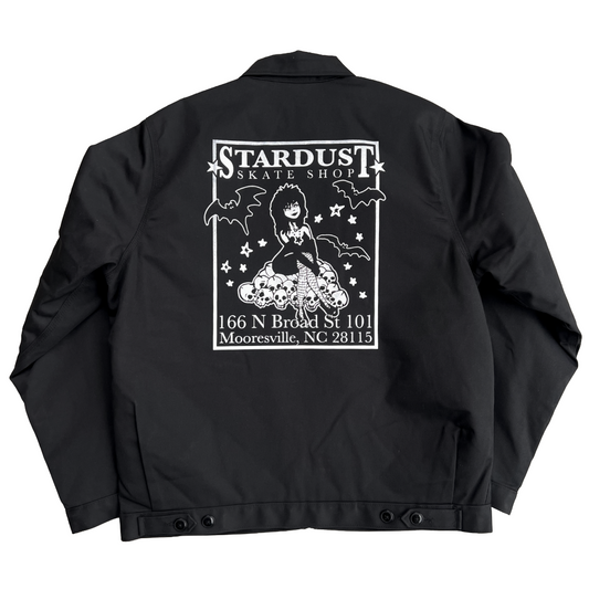 Stardust Devil Man Text Patch / Goth Girl Dickies Screenprinted Insulated Eisenhower Work Jacket 047 & 033 Black / Metallic Silver / White