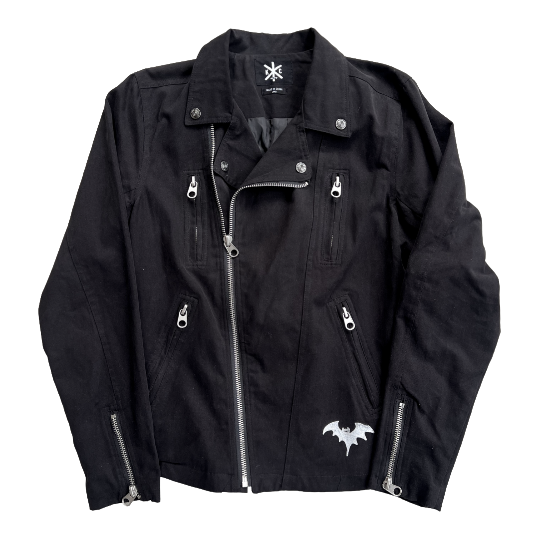 Stardust Bat / Cramps Text Kill City Screenprinted Moto Jacket 041 & 044 Black / Metallic Silver