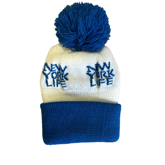 Vintage New York Life Pom Beanie White / Blue