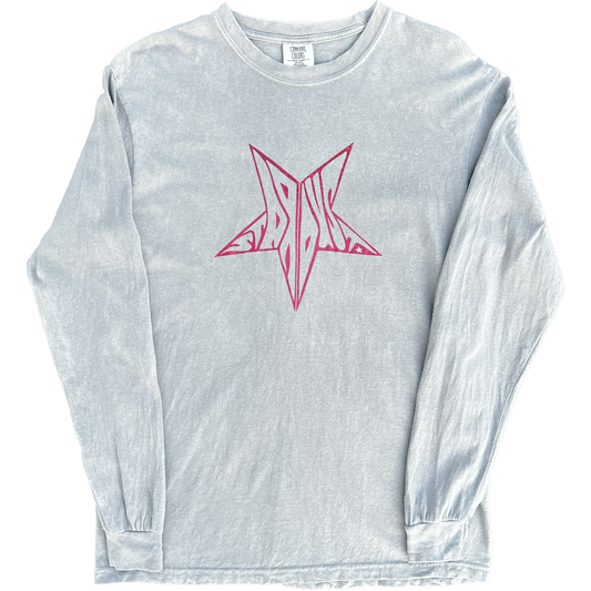 Stardust Skate Shop Red Shimmer Star Long Sleeve Tee 026 - Bleached Pepper Grey - 6.1 oz