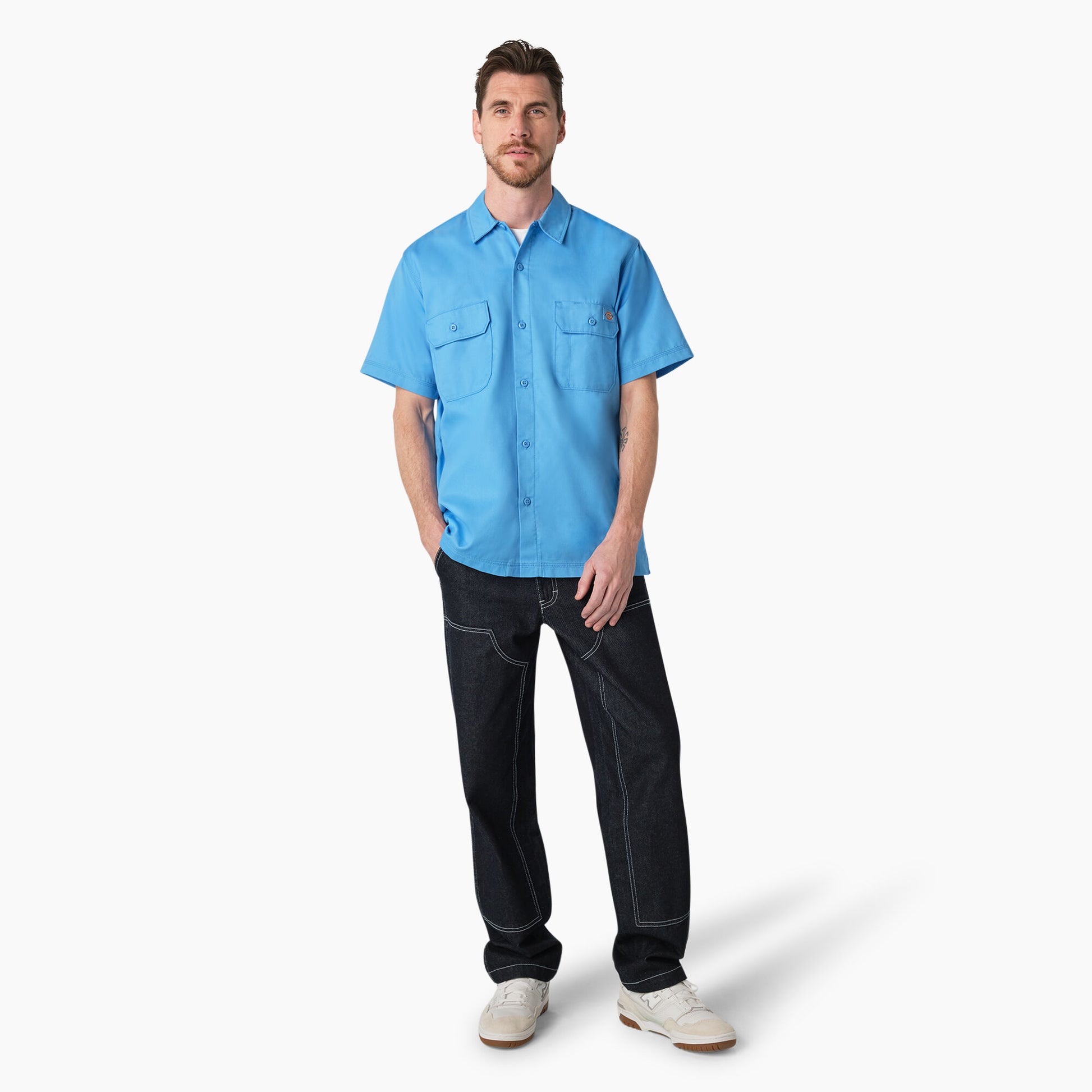 Dickies Relaxed Fit Contrast Stitch Short Sleeve Work Shirt Azure Blue